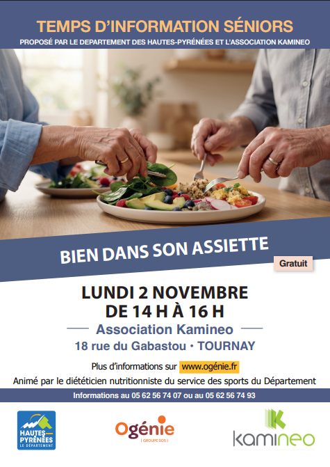 Affiche de l'atelier nutrition Bien dans son assiette pour séniors à Tournay, par le Département des Hautes-Pyrénées et Kamineo.
