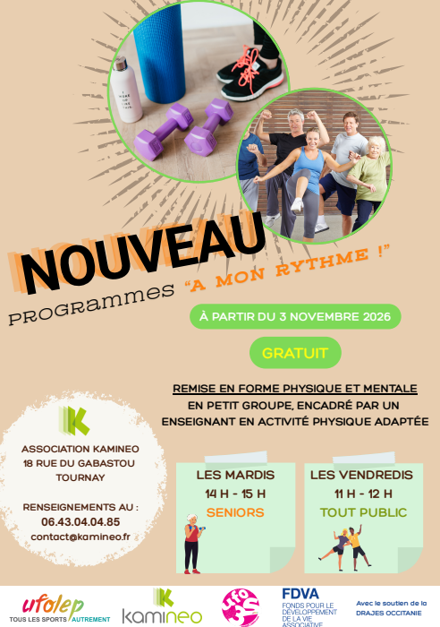 Affiche du programme À mon rythme à Tournay : séances de remise en forme gratuites encadrées par un enseignant APA.